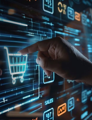 man-is-using-computer-screen-with-hand-pointing-screen-with-words-shopping-darkened